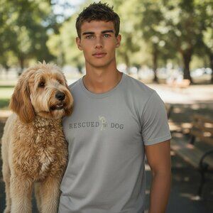 RESCUED BY A DOG Gray Tee Mens M Womens Rescue Dogs Puppy Lovers Dog Mom Dad